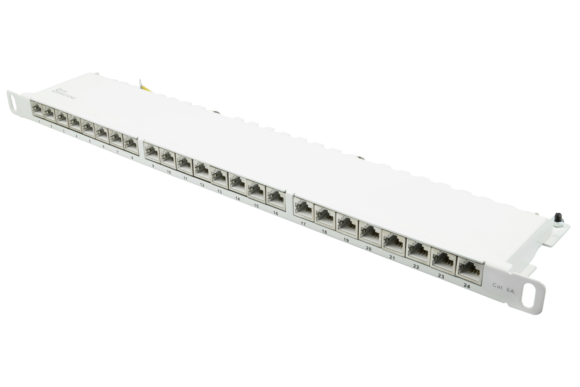 Patchpanel 19" Cat. 6A, 24-Port, 0,5 HE, STP geschirmt, werkzeugloses Öffnen, Reinweiß (RAL9010), Good Connections®