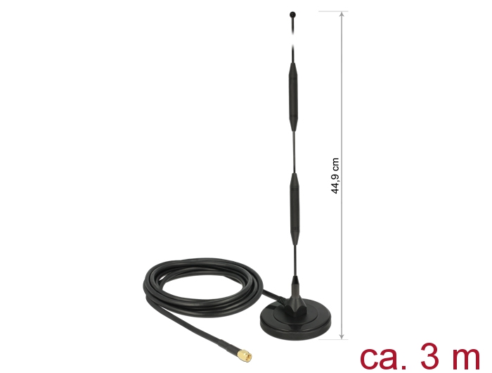 LTE Antenne SMA Stecker 5dBi starr omnidirektional, magnetischer Standfuß, Anschlusskabel (RG-58, 3m), outdoor schwarz, Delock® [12425]