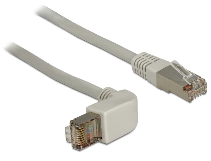 Patchkabel, Cat. 6A, S/STP, halogenfrei, einseitig 90° nach unten gewinkelt, grau, 1m, Delock® [83645]