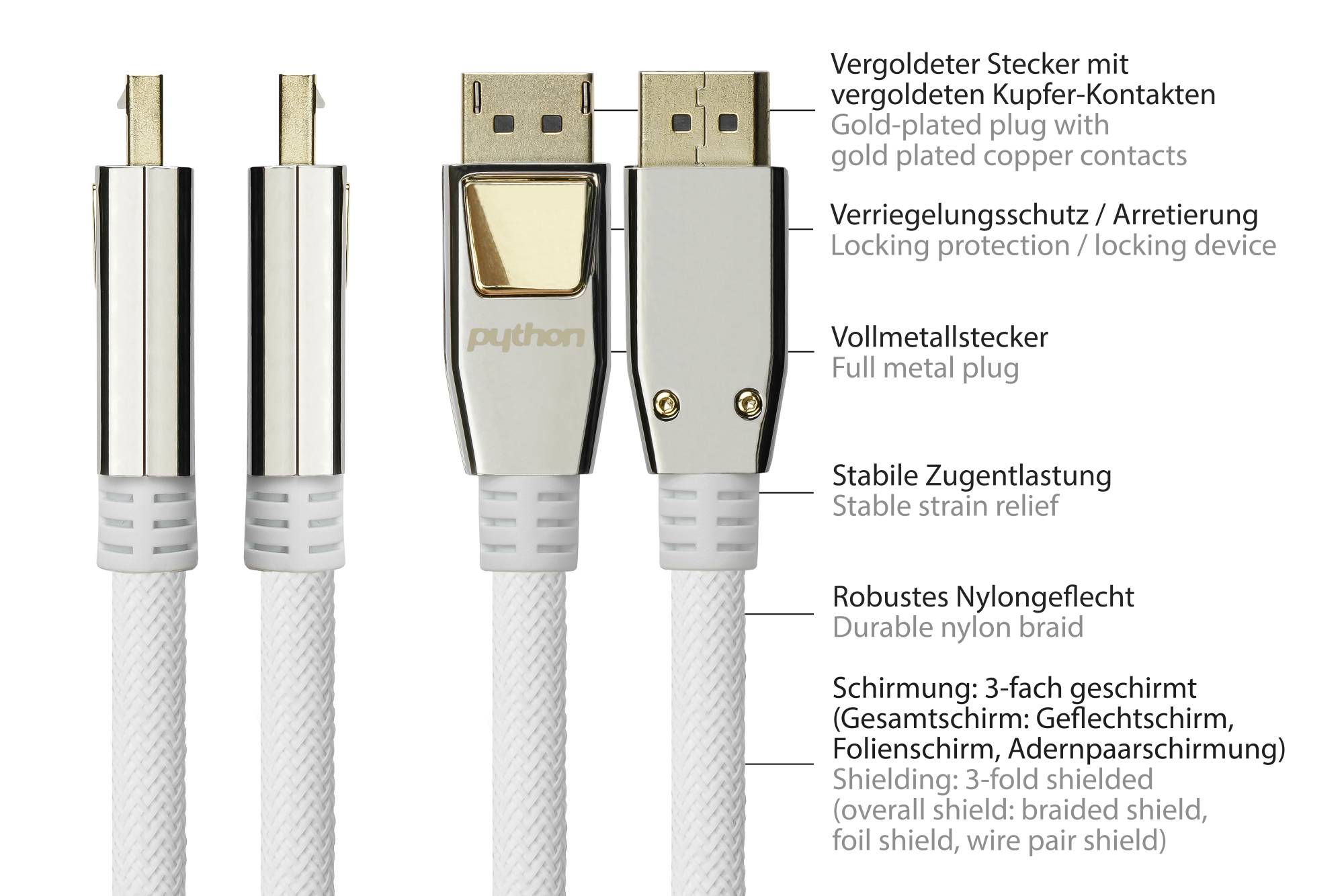 Anschlusskabel DisplayPort 1.2, 4K / UHD @60Hz, Vollmetallstecker, vergoldete Kontakte, OFC, Nylongeflecht weiß, 10m, PYTHON® Series