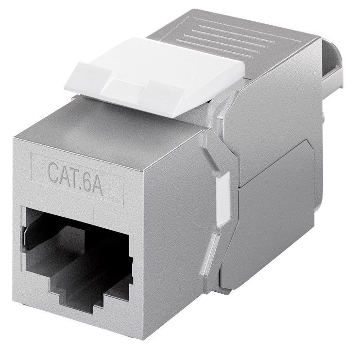 KeyStone RJ45 Jack, Cat. 6A, STP, Slimeline, 500MHz, PoE, RJ45 an Klemmleiste für LSA Montage (werkzeugfrei), silber/schwarz