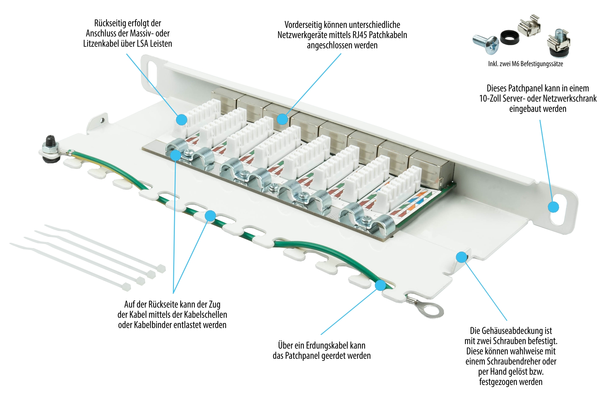 Patchpanel 10" Cat. 6A, 8-Port, 0,5 HE, STP geschirmt, werkzeugloses Öffnen, Reinweiß (RAL9010), Good Connections®