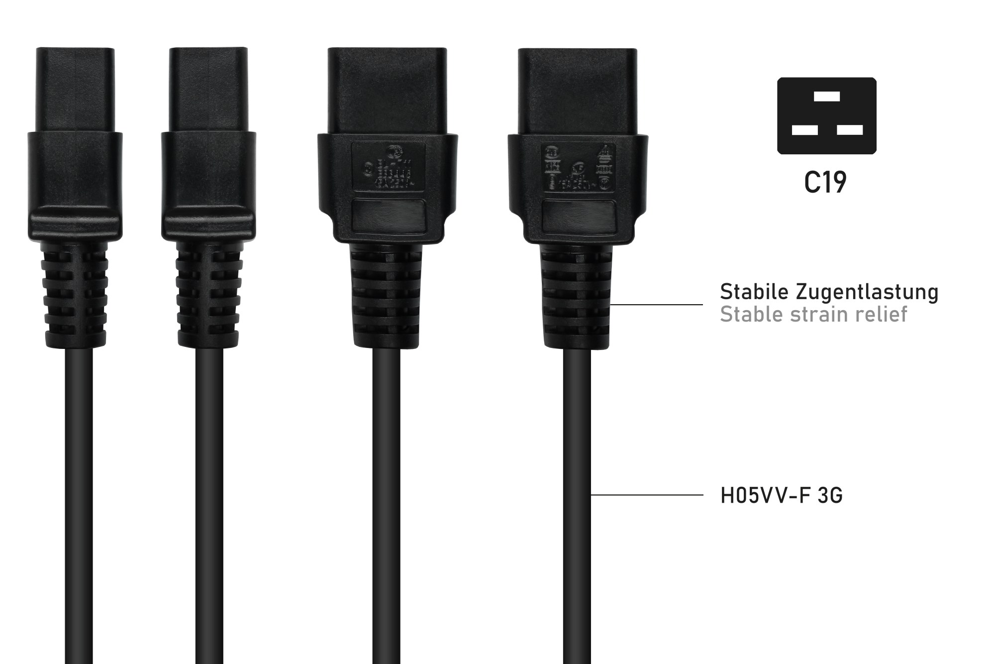 kabelmeister® Kaltgeräteverlängerung Kaltgeräte-Stecker C20 an Kaltgeräte-Buchse C19, schwarz, 1,50mm², 5 m