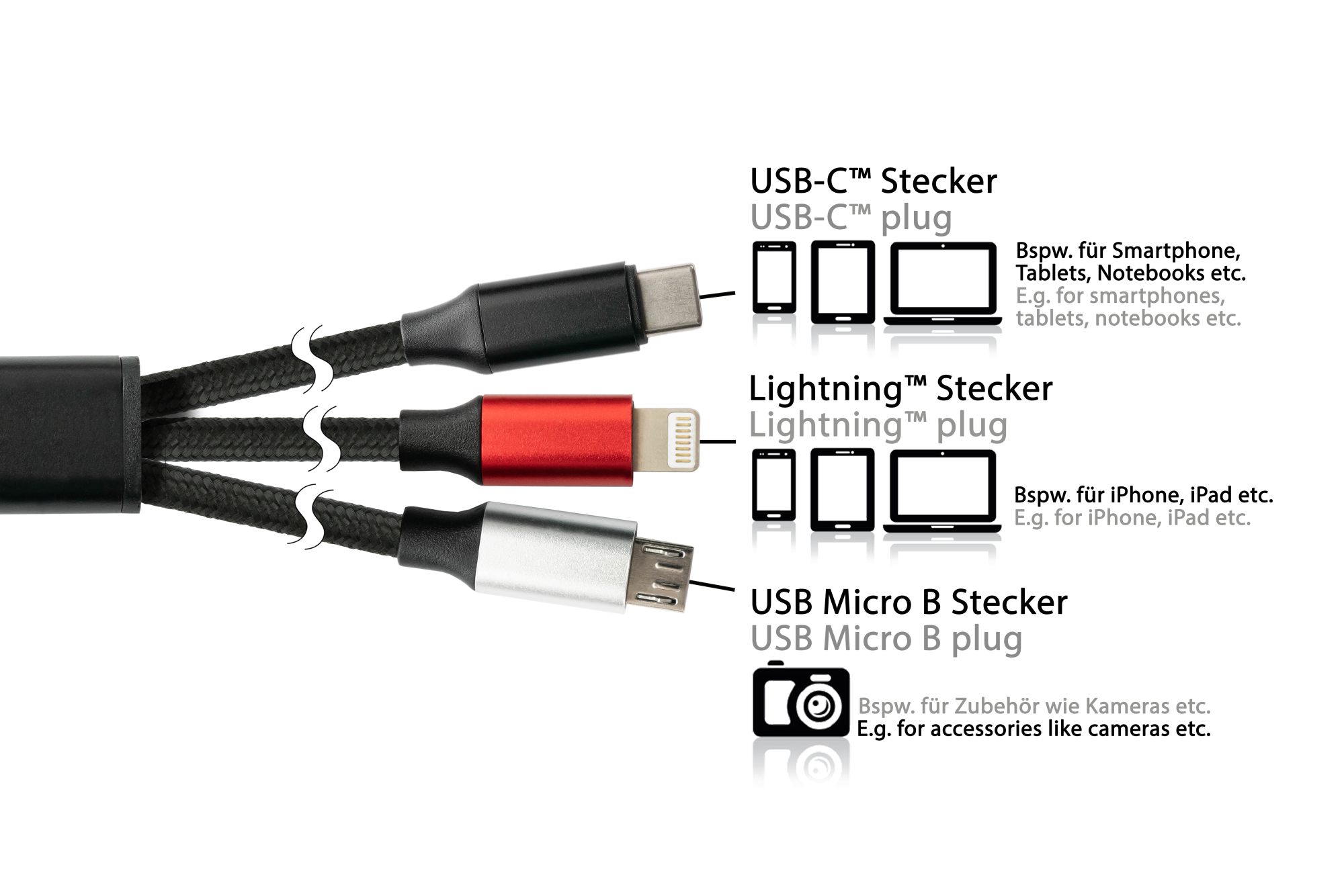 USB 6-in-1 Ladekabel, USB-A und USB-C™ an USB-C™ / USB Micro B / Lightning™, 3A, Textilmantel, schwarz, 1,2m, PYTHON® Series