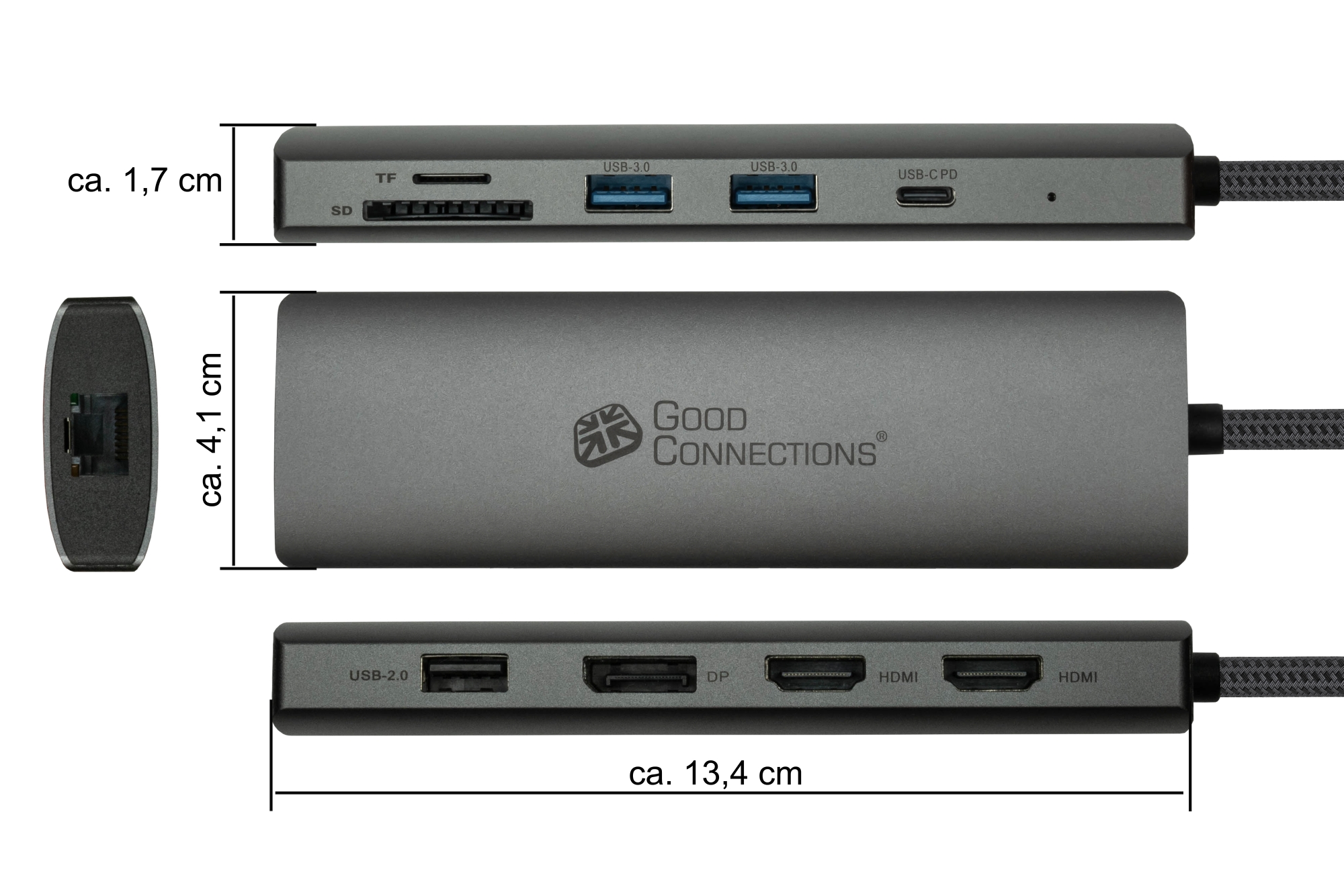 USB-C™-Hub (10-Port), 2x HDMI 2.0, 1x DP, 1x USB-C™ (PD 96W), 2x USB 3.0 A, 1x USB 2.0 A, 1x RJ45, 1x Kartenleser, anthrazit, Good Connections®