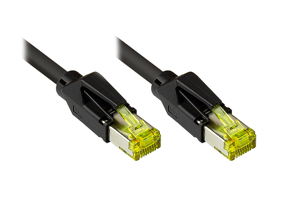 Patchkabel mit Cat. 7 Draka UC900 Rohkabel (900MHz) und Hirose TM31 Stecker (500MHz) beidseitig, S/FTP, PiMF, halogenfrei (LSZH), KUPFER, schwarz, 22m