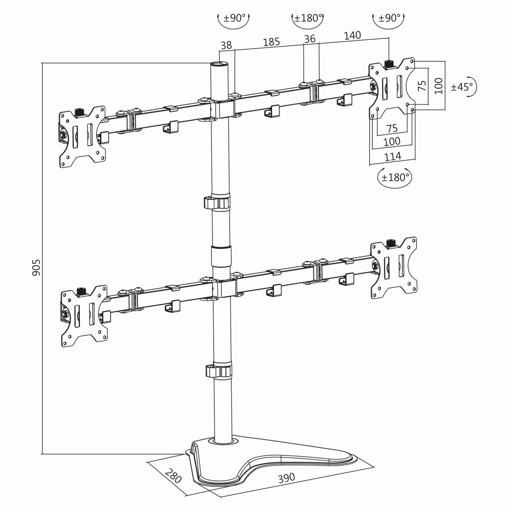 4-fach Monitor-Schreibtischständer, neigbar -45°/+45°, schwenkbar -90°/+90°, drehbar -180°/+180°, 13"-32", LogiLink® [BP0046]