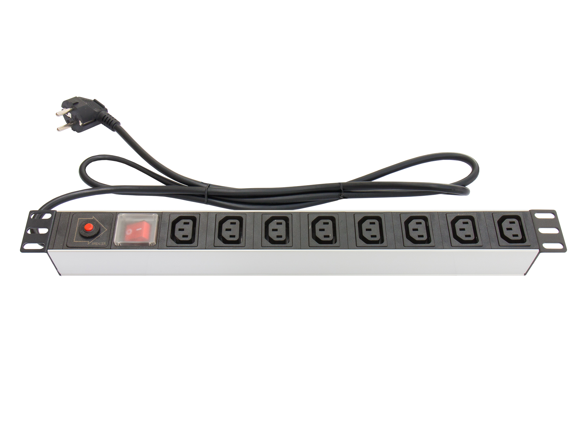 19" PDU Steckdosenleiste, 1HE, Schutzkontakt-Stecker an 8x C13 Kaltgeräte-Buchse (10A), Schalter, ÜSS, Aluminiumprofil, Good Connections®