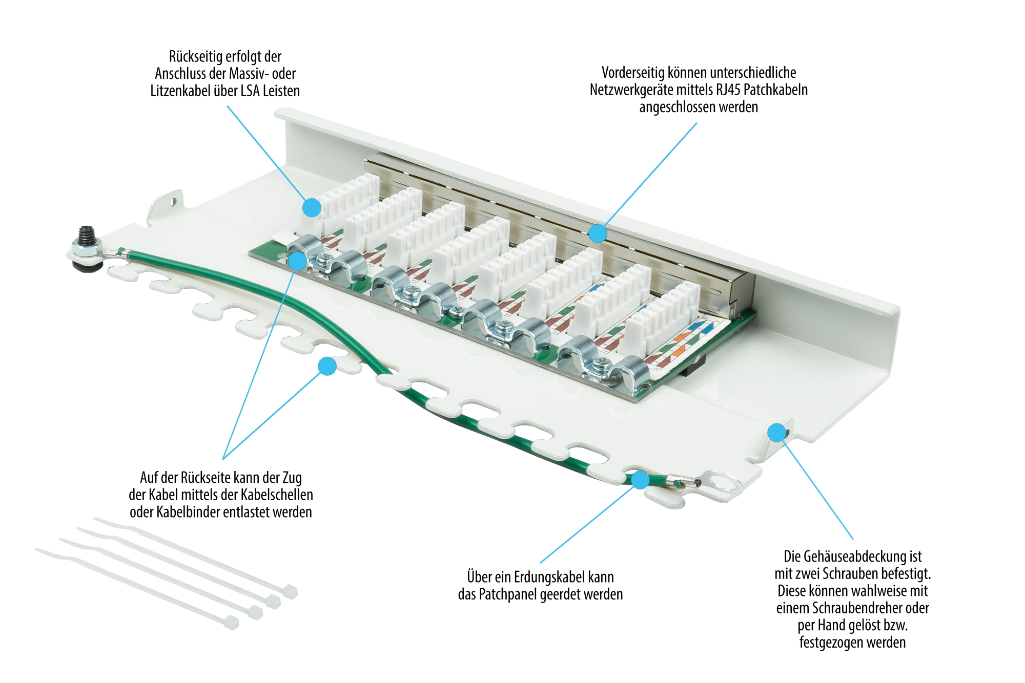 Patchpanel Desktop Cat. 6, 8-Port, 0,5 HE, STP geschirmt, werkzeugloses Öffnen, Reinweiß (RAL9010), Good Connections®