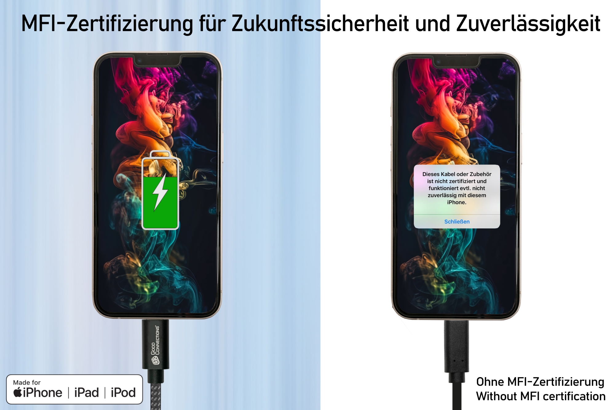 USB 2.0 Lade- und Datenkabel für iPhone/iPad/iPod, USB-A Stecker an Lightning™ Stecker, MFI zertifiziert, 12W, schwarz, 0,5m, Good Connections®