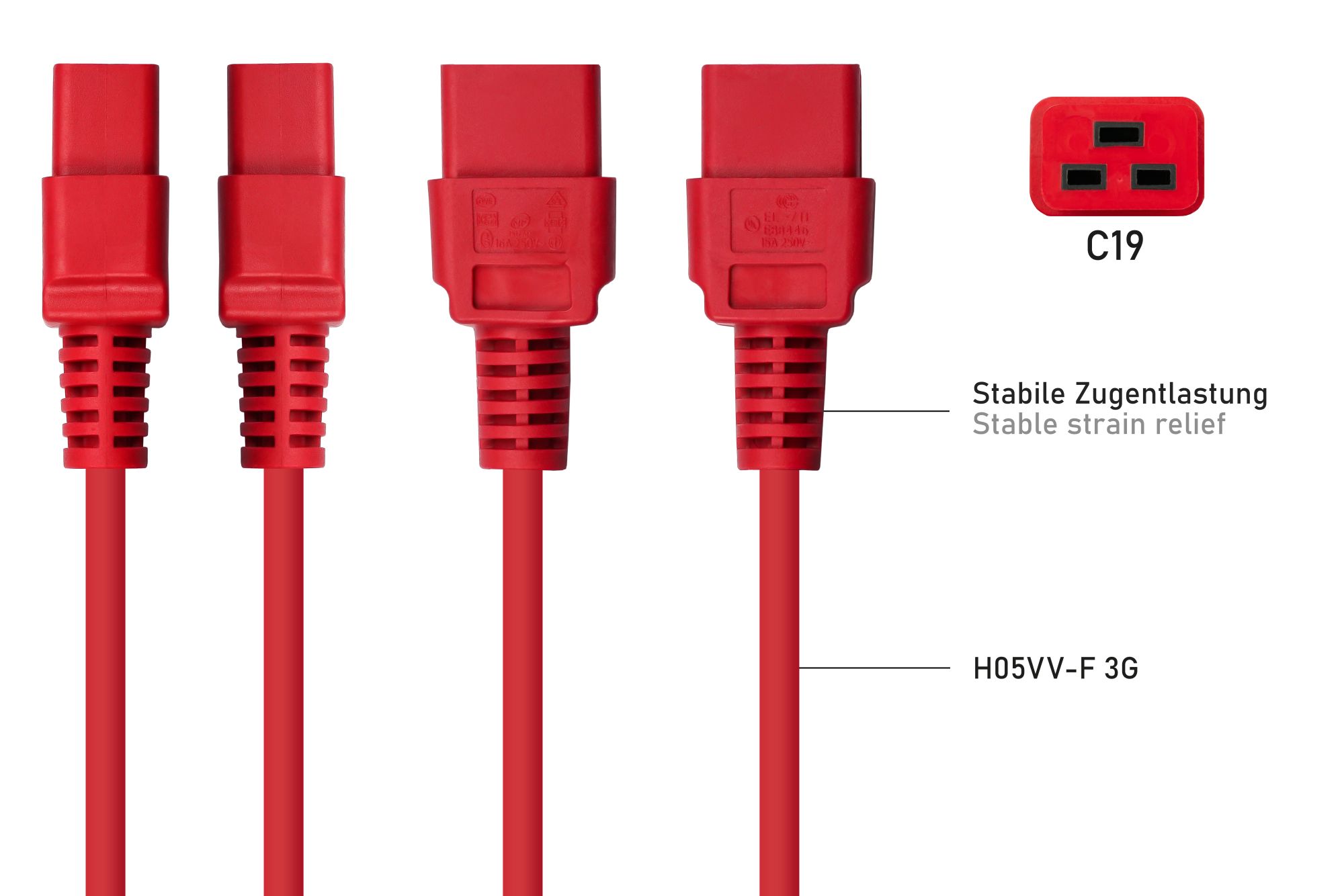 kabelmeister® Kaltgeräteverlängerung Kaltgeräte-Stecker C20 an Kaltgeräte-Buchse C19, rot, 1,50mm², 2 m