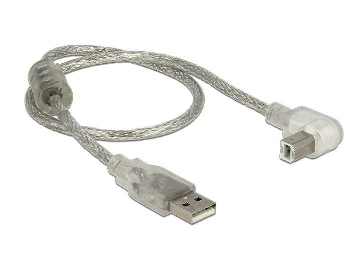 Kabel USB 2.0, Stecker A an Stecker B 90° gewinkelt unten, transparent, 0,5m, Delock® [84811]
