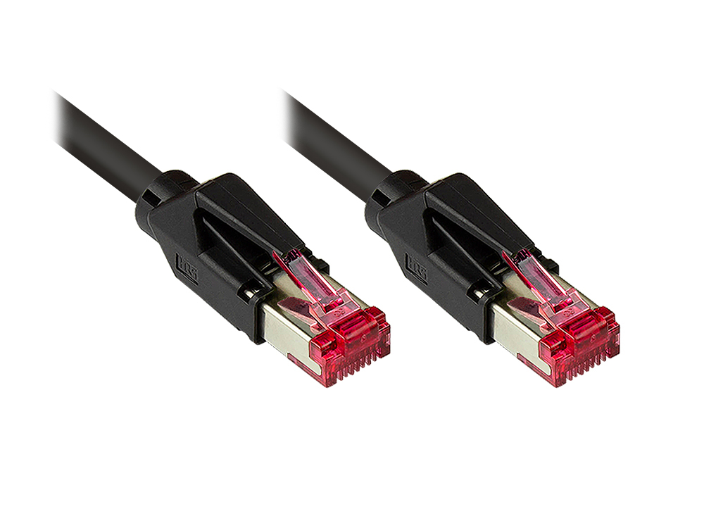 Patchkabel mit Cat. 7 Draka UC900 Rohkabel (900MHz) und Hirose TM21 Stecker (250MHz) beidseitig, S/FTP, PiMF, halogenfrei (LSZH), KUPFER, schwarz, 27m