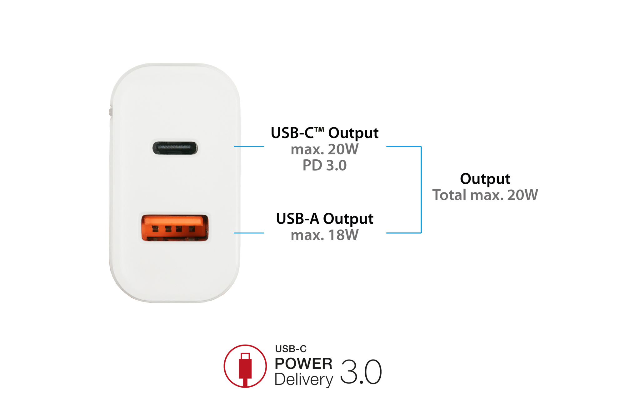 USB-Schnellladegerät 20W, 2-Port (1x USB A, 1x USB C™), PD 3.0, weiß, Good Connections®