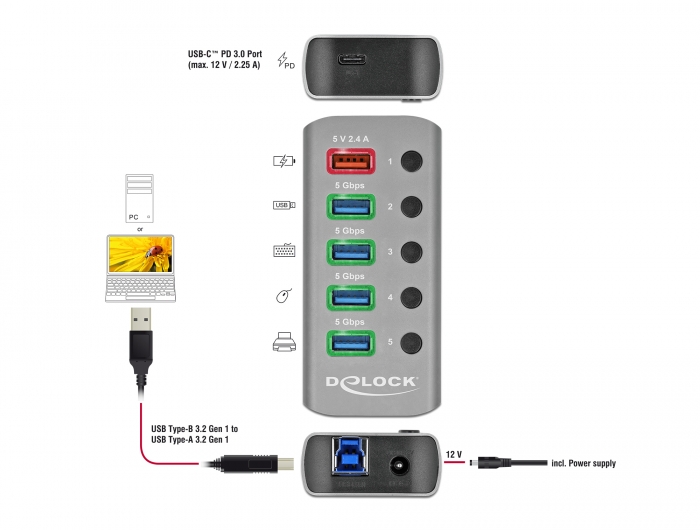 USB 3.2 Gen 1 Hub mit 4 Ports + 1 Schnellladeport + 1 USB-C™ PD 3.0 Port mit Schalter und Beleuchtung, Delock® [63263]