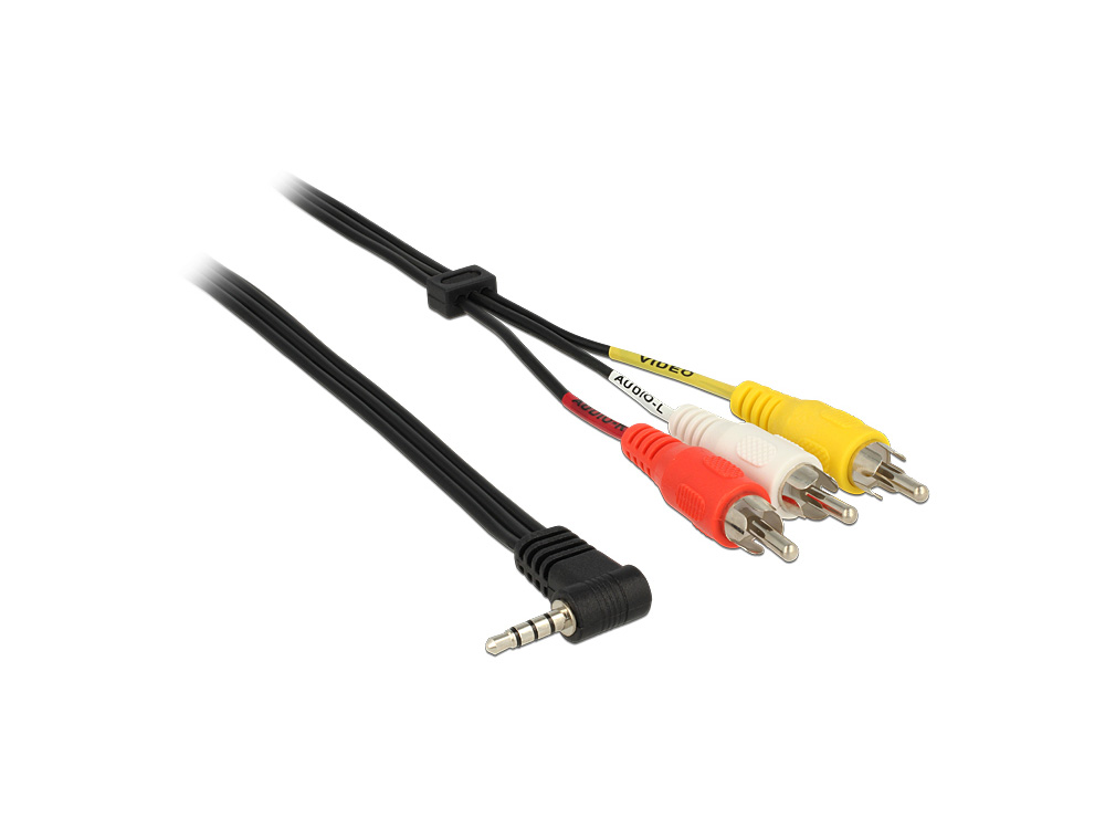 Klinkenkabel 3,5 mm 4 Pin Stecker gewinkelt an 3 x Cinch Stecker, schwarz, 1,5m, Delock® [84724]