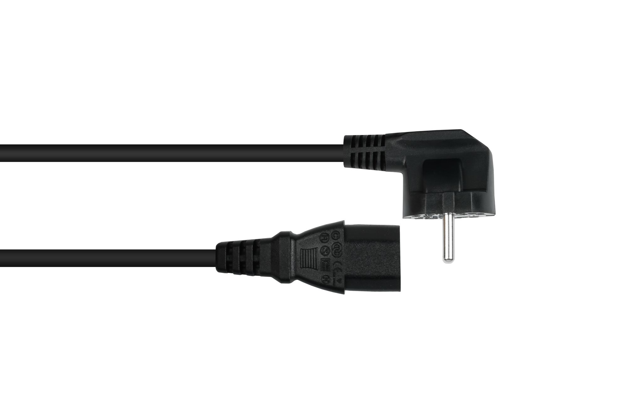 kabelmeister® Netzkabel Schutzkontakt-Stecker Typ E+F (CEE 7/7, gewinkelt) an Kaltgeräte-Buchse C13 (gerade), schwarz, 1,00mm², 3m