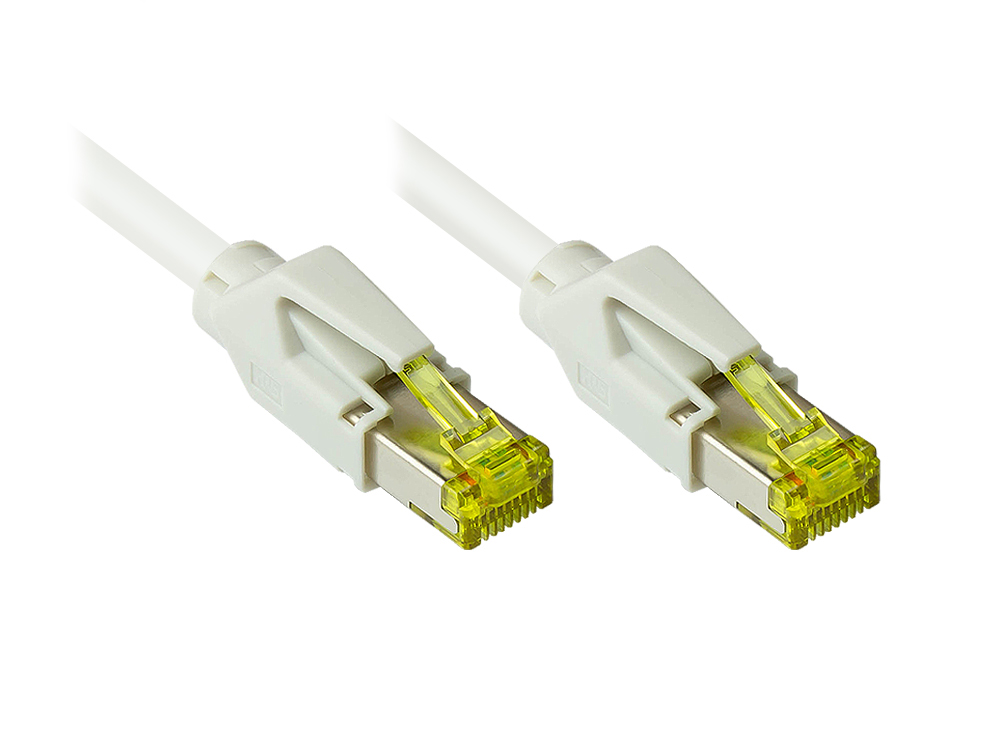 Patchkabel mit Cat. 7 Draka UC900 Rohkabel (900MHz) und Hirose TM31 Stecker (500MHz) beidseitig, S/FTP, PiMF, halogenfrei (LSZH), KUPFER, weiß, 28m