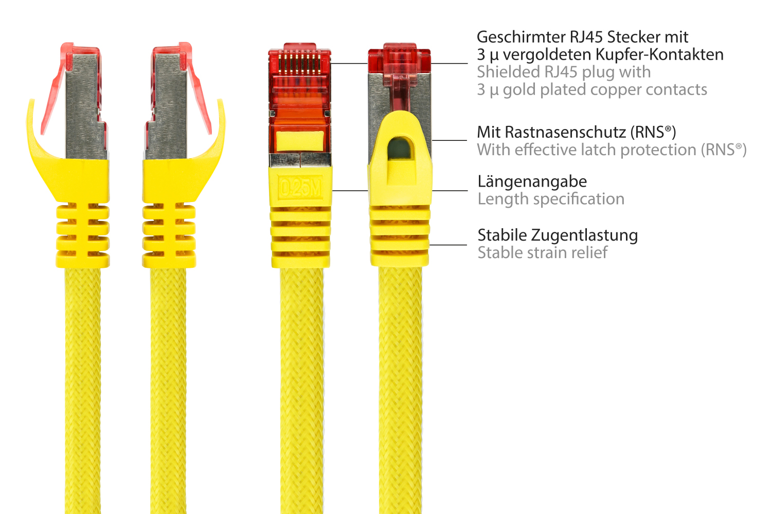 Python® Series Patchkabel mit Rastnasenschutz (RNS®) und Nylongeflecht, Cat. 6, S/FTP, PiMF, PVC, 250MHz, OFC, gelb, 20m