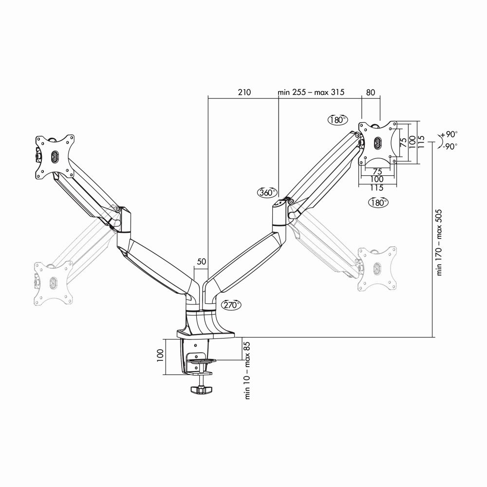 2-fach Aluminium Monitor-Schreibtischhalterung, neigbar -90°/+90°, schwenkbar -90°/+90°, drehbar -90°/+90°, 13"-32", LogiLink® [BP0043]
