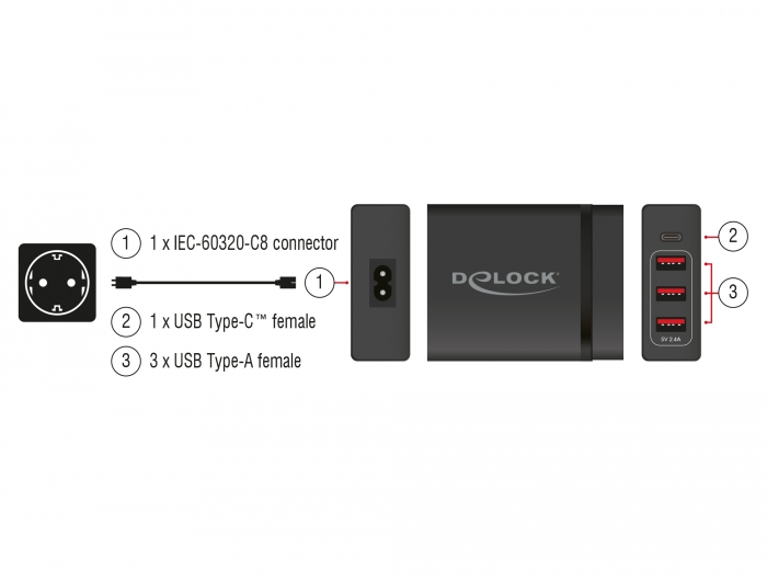 USB Ladegerät 1x USB Type-C™ PD + 3x USB Typ-A, 60W, Delock® [63974]
