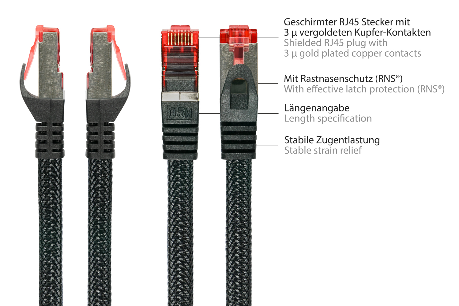 Python® Series Patchkabel mit Rastnasenschutz (RNS®) und Nylongeflecht, Cat. 6, S/FTP, PiMF, PVC, 250MHz, OFC, schwarz, 25m
