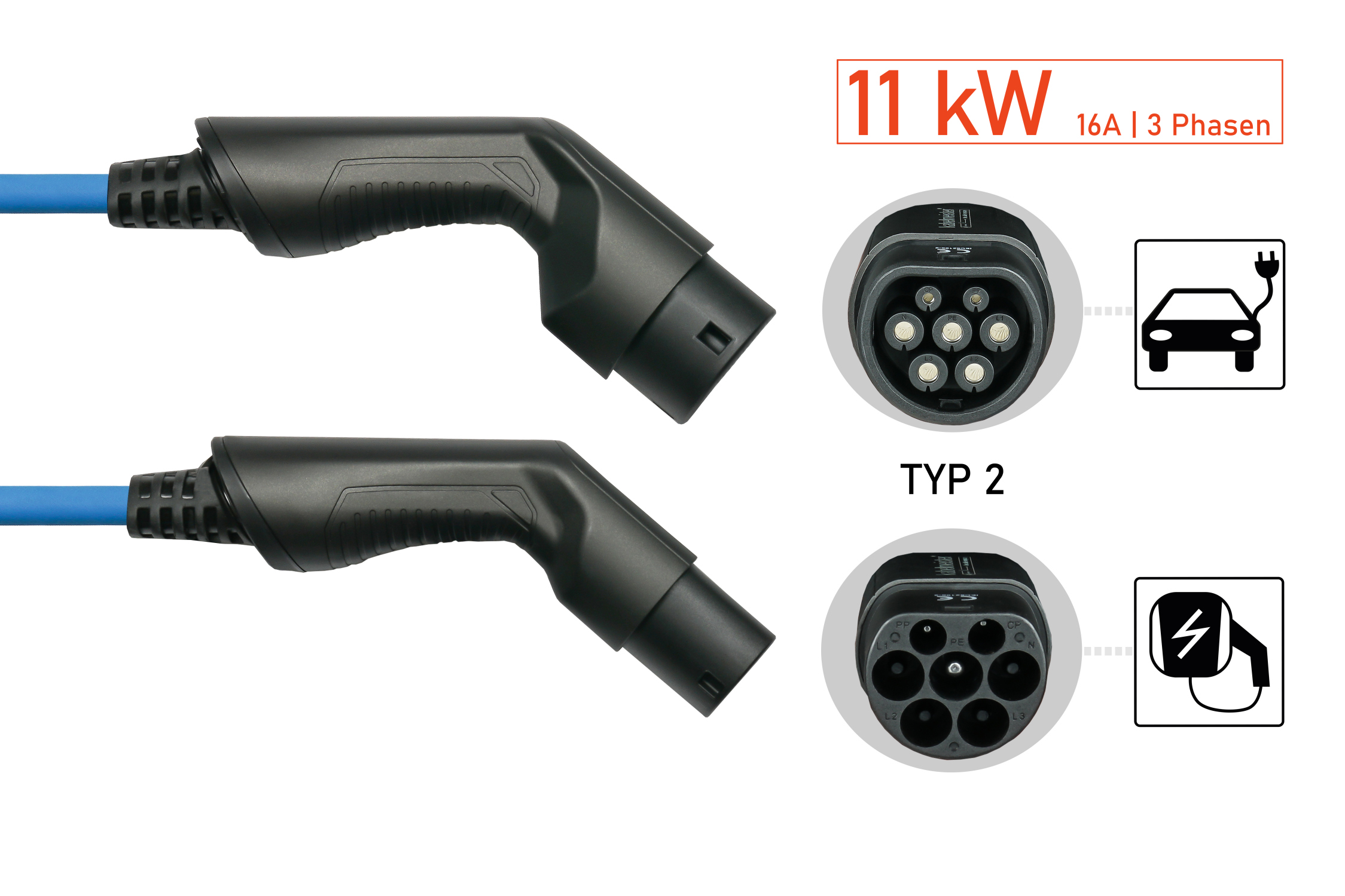 kabelmeister® Typ 2 Ladekabel für Elektro- und Hybridfahrzeuge, 3-phasig, 16 A, 11 kW, blau, 2,5m