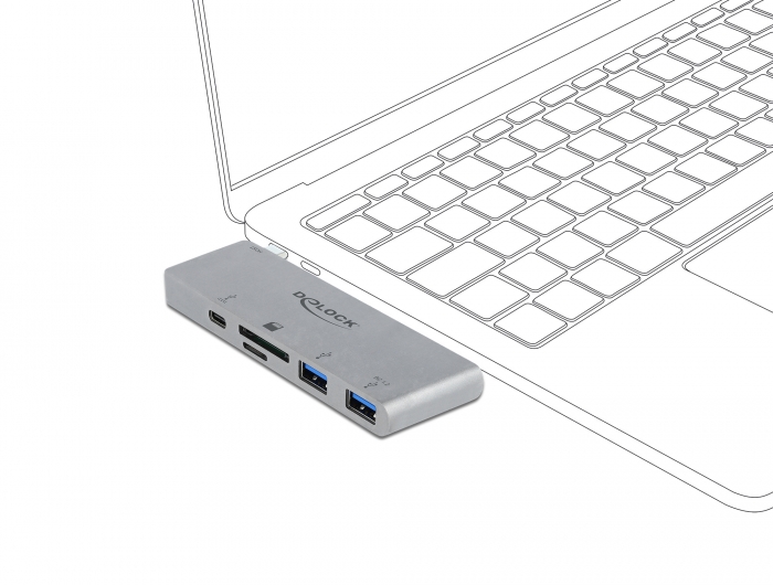 3 Port Hub und 2 Slot Card Reader für MacBook mit PD 3.0 und einschiebbarem USB Type-C™ Anschluss, Delock® [64078]