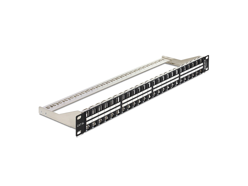 Patchpanel Keystone, 19" 1HE, 48-Port mit Entlastungsschiene, schwarz, Delock® [43280]