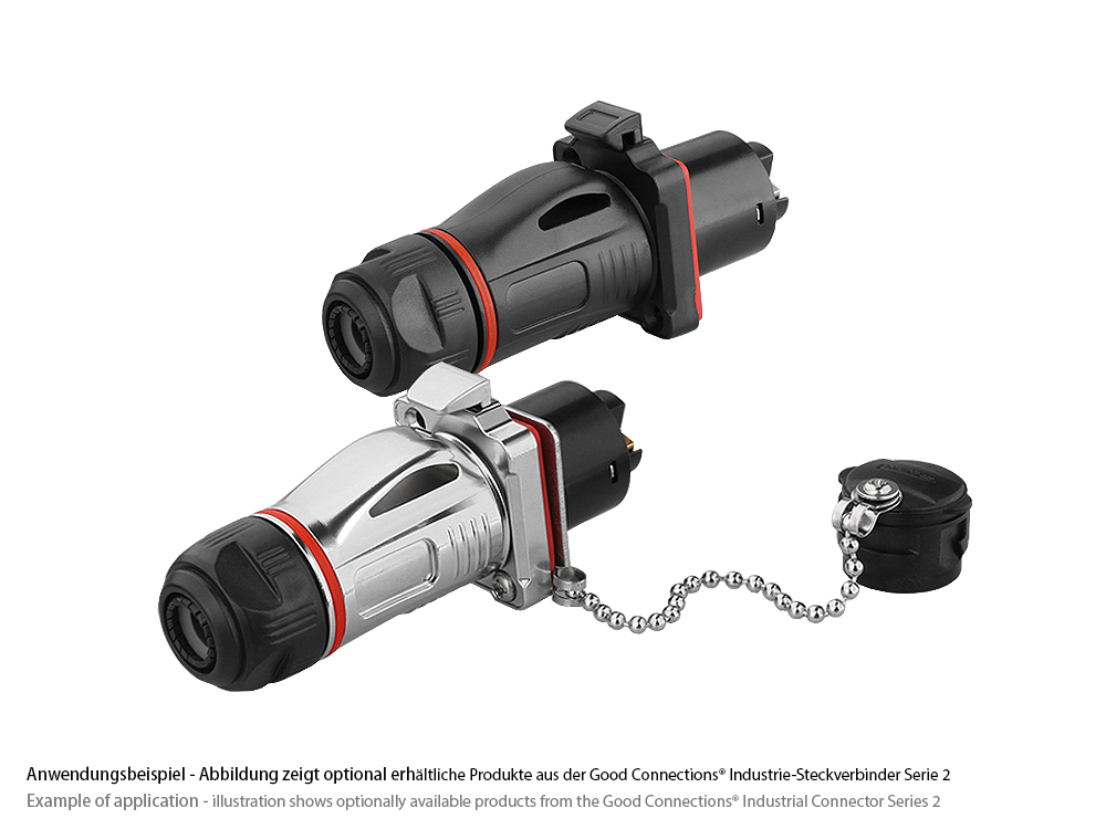 Industrie-Steckverbinder S2 - Power (3-Pin) Durchführungskupplung mit Arretierung und Flansch, Schraubanschluss, Metall, M24, IP67, Good Connections®