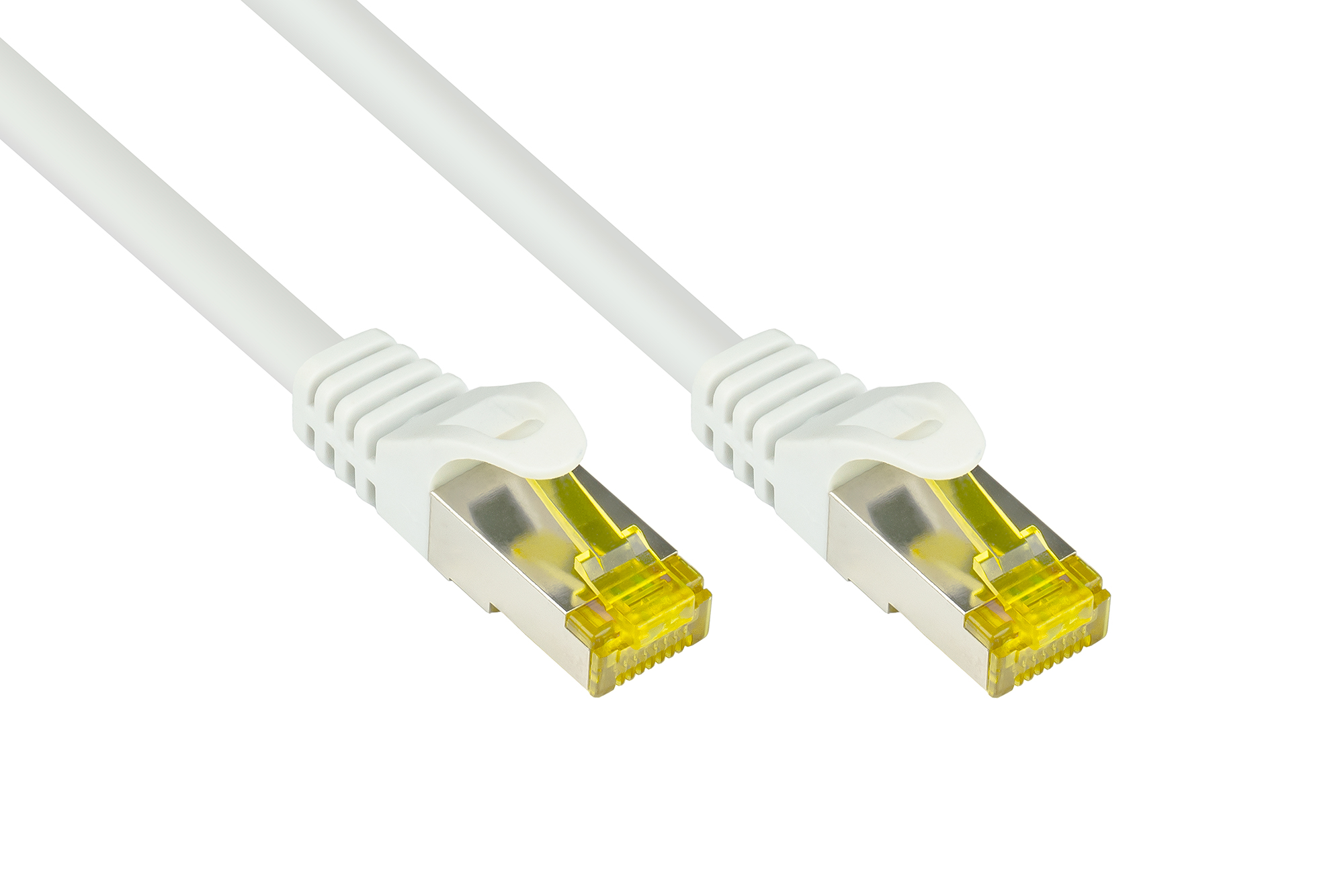 RJ45 Patchkabel mit Cat. 7 Rohkabel und Rastnasenschutz (RNS®), S/FTP, PiMF, halogenfrei, 500MHz, OFC, weiß, 1m, Good Connections®