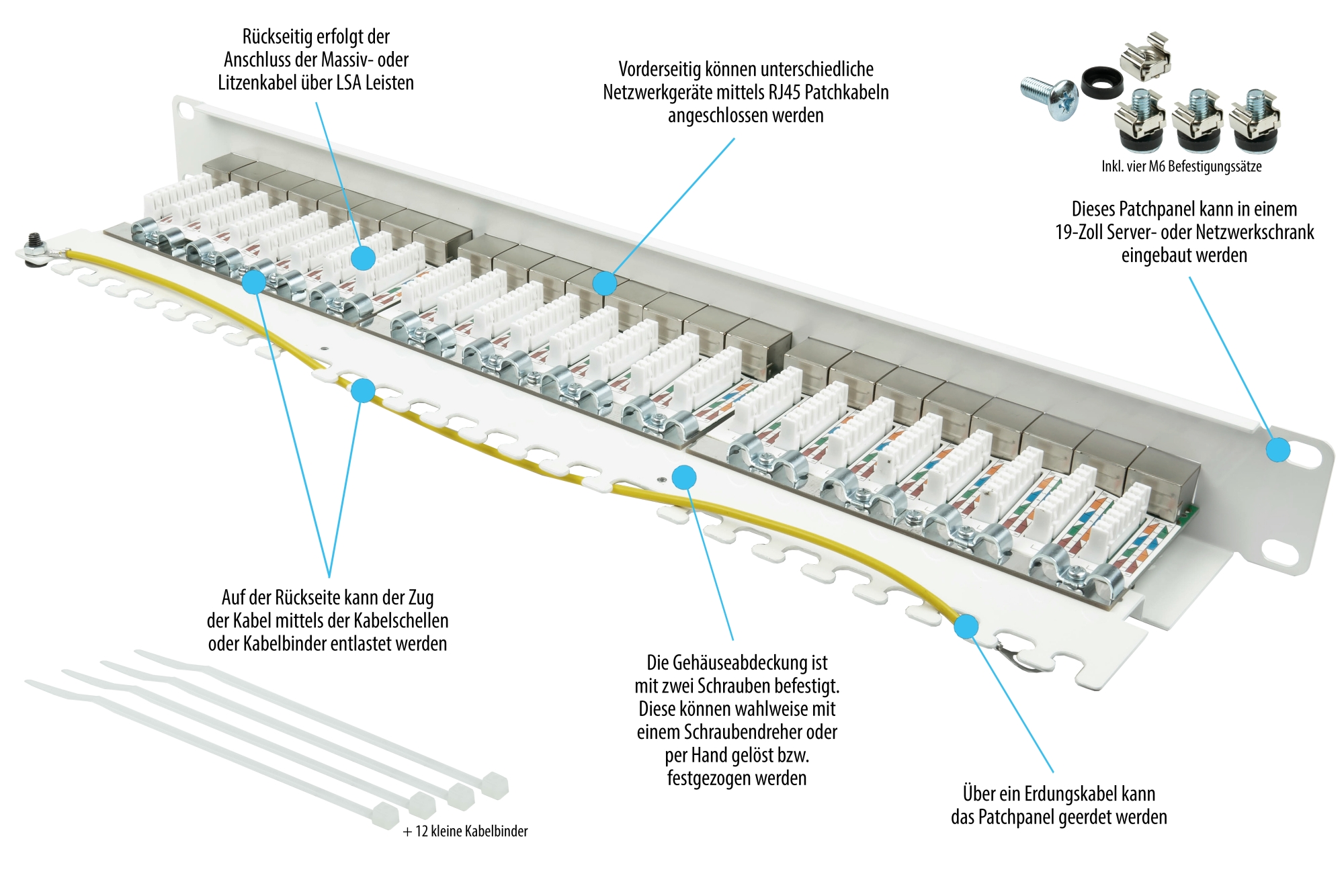 Patchpanel 19" Cat. 6A, 24-Port, 1 HE, STP geschirmt, werkzeugloses Öffnen, Reinweiß (RAL9010), Good Connections®