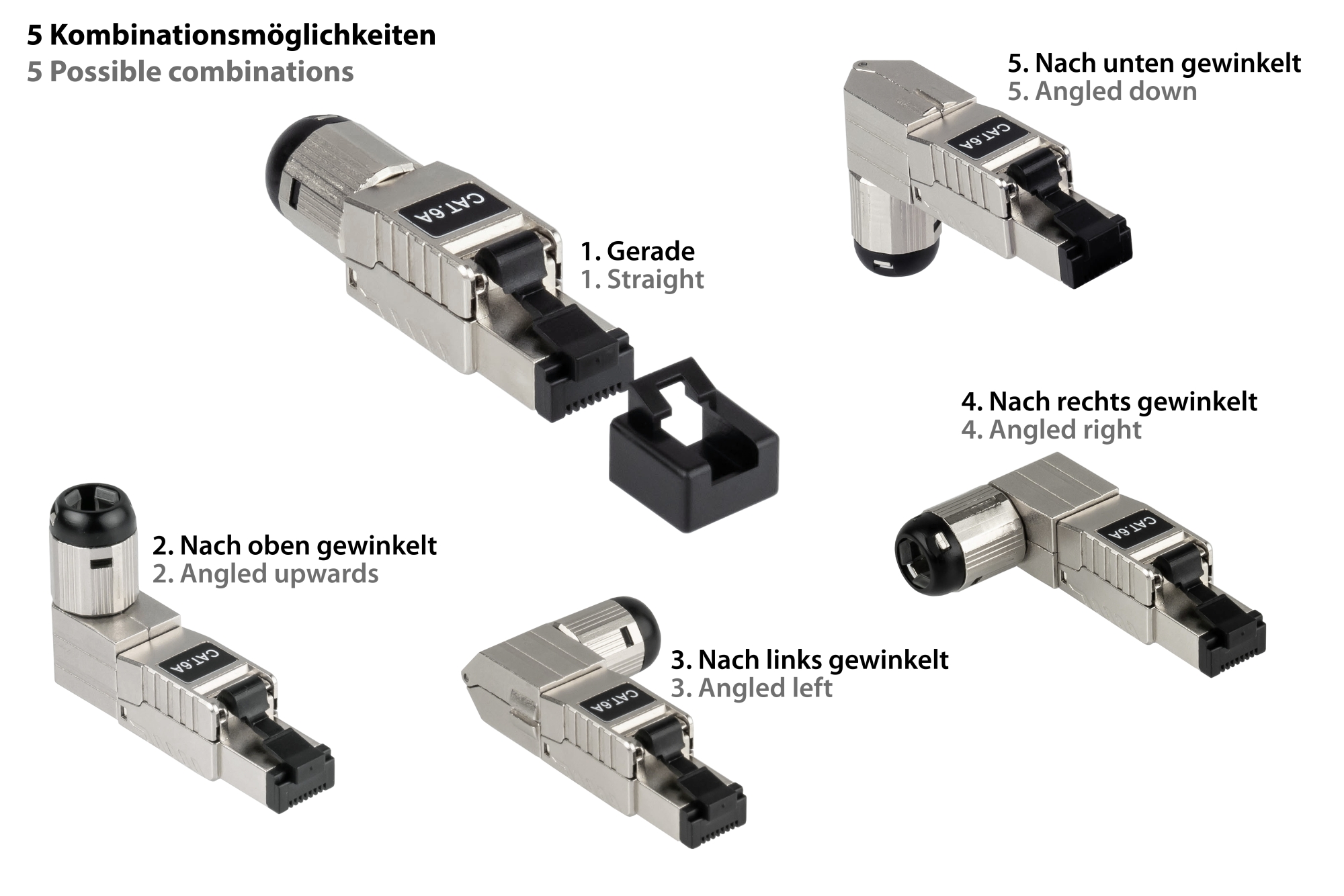 RJ45 Stecker Cat. 6A, werkzeuglos / feldkonfektionierbar, STP geschirmt, Metall, 5 Richtungen, Good Connections®