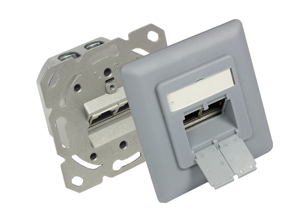 Netzwerkdose Cat. 6, 2xRJ45, geschirmt, Unterputzdose, inkl. Zentralstück und Abdeckrahmen, silbergrau (matt) RAL7001, Good Connections