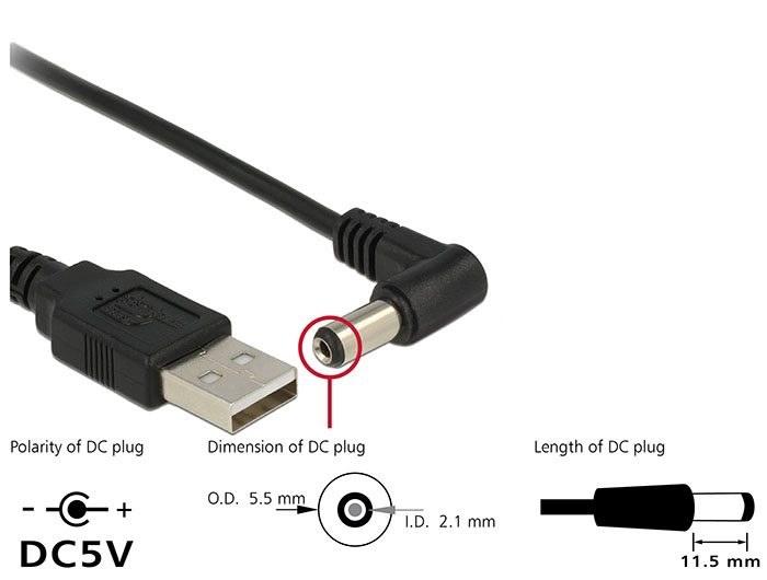 Kabel USB Power an DC 5,5 x 2,1 mm Stecker 90° 1,5m, Delock® [83578]