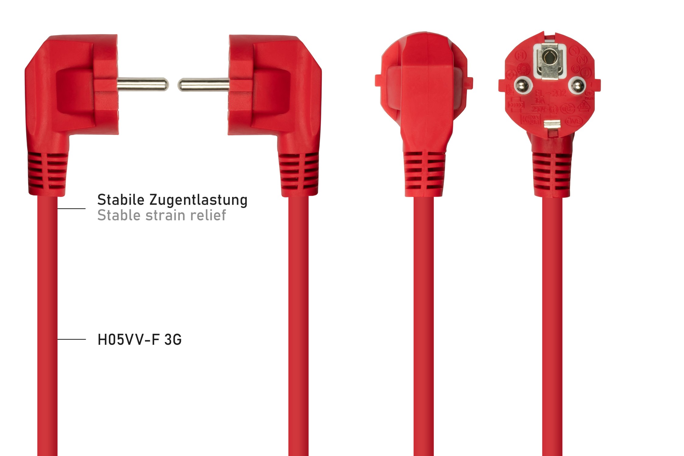 kabelmeister® Netzkabel Schutzkontakt-Stecker Typ E+F (90° gew.) an Kaltgeräte-Buchse C13, rot, 0,75mm², 1,8m