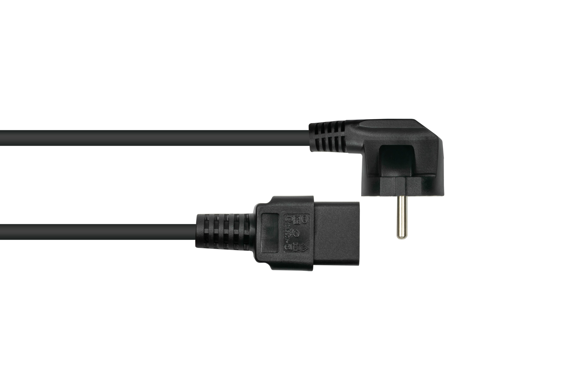 kabelmeister® Netzkabel Schutzkontakt-Stecker Typ E+F (90° gew.) an Kaltgeräte-Buchse C19, schwarz, 1,00mm², 1,8m