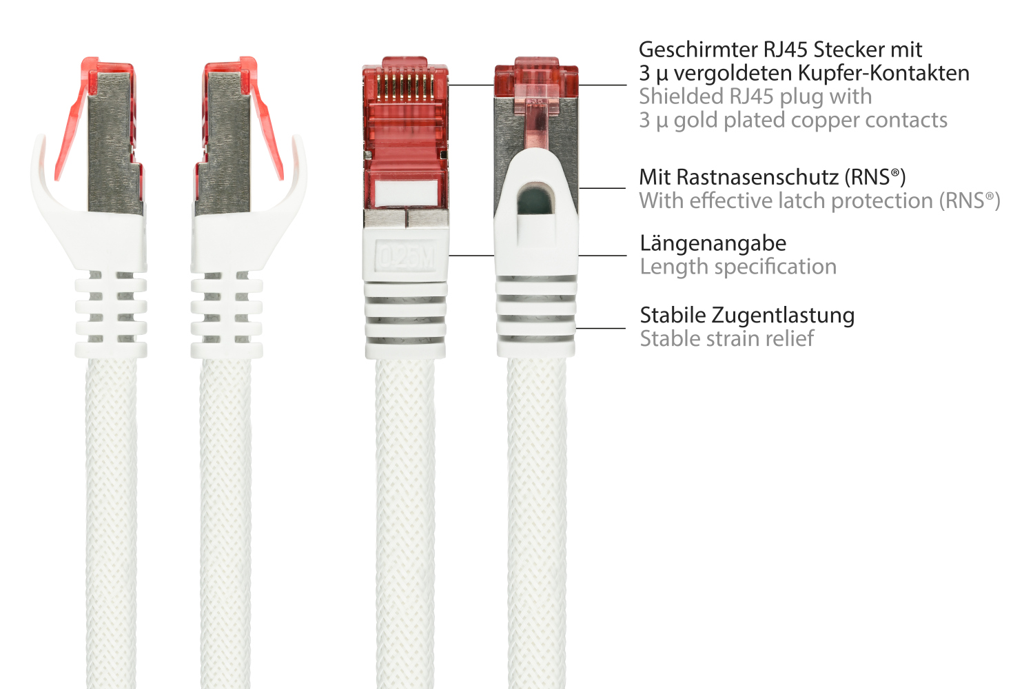 Python® Series Patchkabel mit Rastnasenschutz (RNS®) und Nylongeflecht, Cat. 6, S/FTP, PiMF, PVC, 250MHz, OFC, weiß, 0,5m