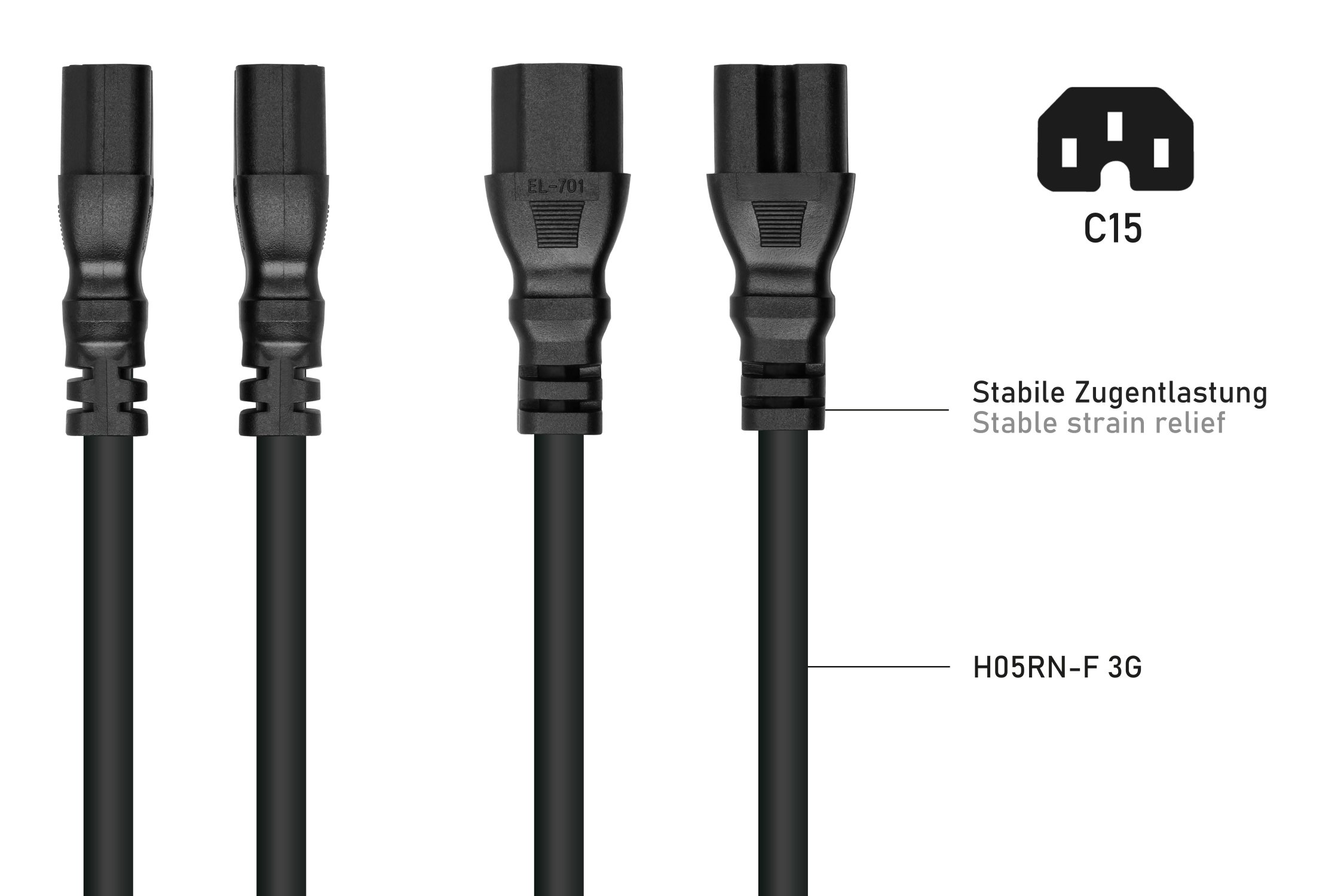 kabelmeister® Netzkabel Schutzkontakt-Stecker Typ E+F (90° gew.) an Warmgeräte-Buchse C15, schwarz, 1,00mm², 1,8m