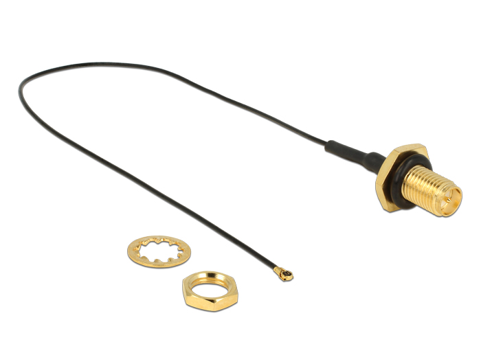 Antennenkabel RP-SMA Buchse zum Einbau an MHF IV/ HSC MXHP32 kompatibler Stecker 200mm Gewindelänge 9mm spritzwassergeschützt, Delock® [12460]