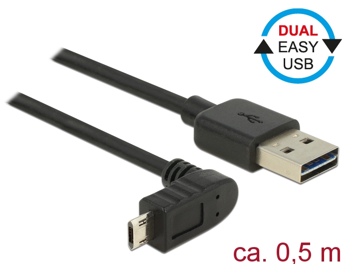 Kabel EASY-USB 2.0 Typ-A Stecker an EASY-USB 2.0 Typ Micro-B Stecker gewinkelt oben / unten, schwarz, 0,5m, Delock® [83849]