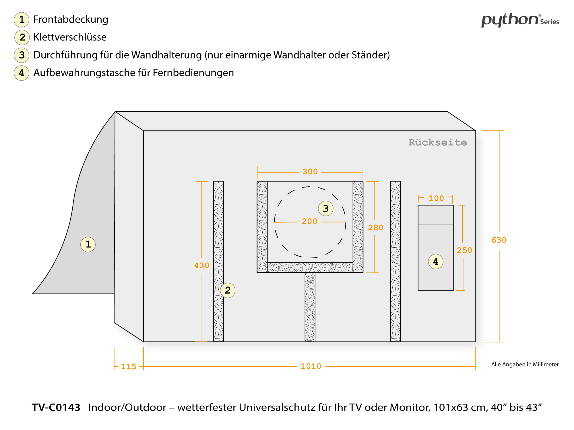 Python® Series TV-Cover Indoor/Outdoor – wetterfester Universalschutz für Ihr TV oder Monitor, 101x63 cm, 40“ bis 43“