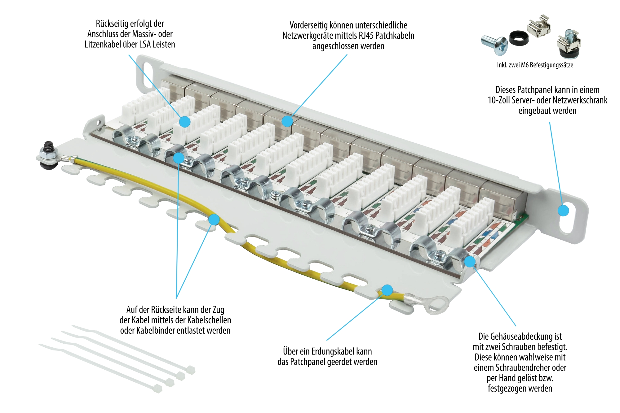 Patchpanel 10" Cat. 6A, 12-Port, 0,5 HE, STP geschirmt, werkzeugloses Öffnen, Lichtgrau (RAL7035), Good Connections®