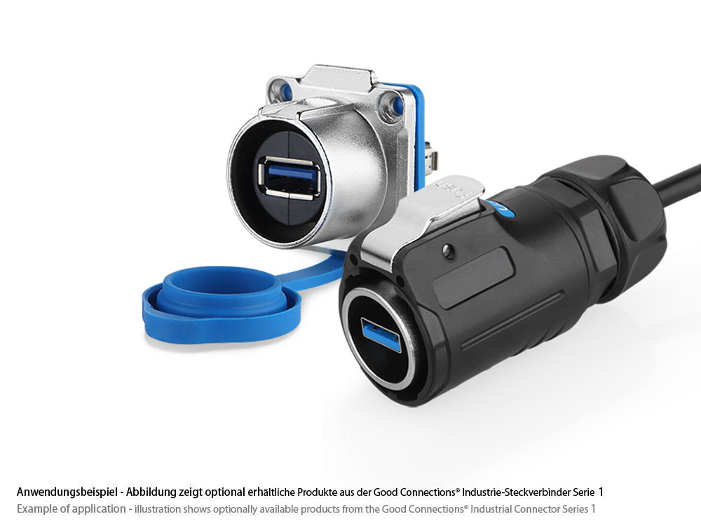 Industrie-Steckverbinder S1 - USB 3.0 Durchführungskupplung mit Flansch, Buchse A beidseitig, Metall, M24, IP65/67, Good Connections®