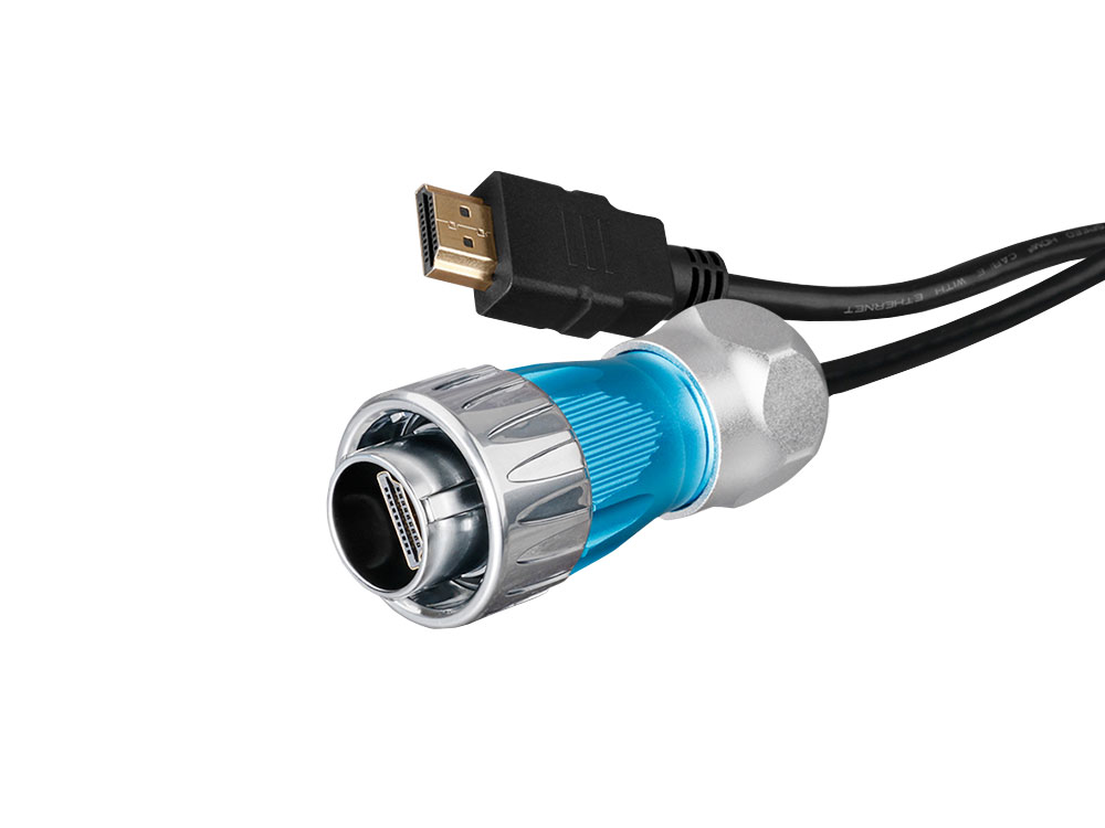 Industrie-Steckverbinder S3 - HDMI 2.0b Kabel, Stecker A mit Kabelverschraubung an Stecker A, Metall, M24, Bajonett, IP65/67, 1m, Good Connections®