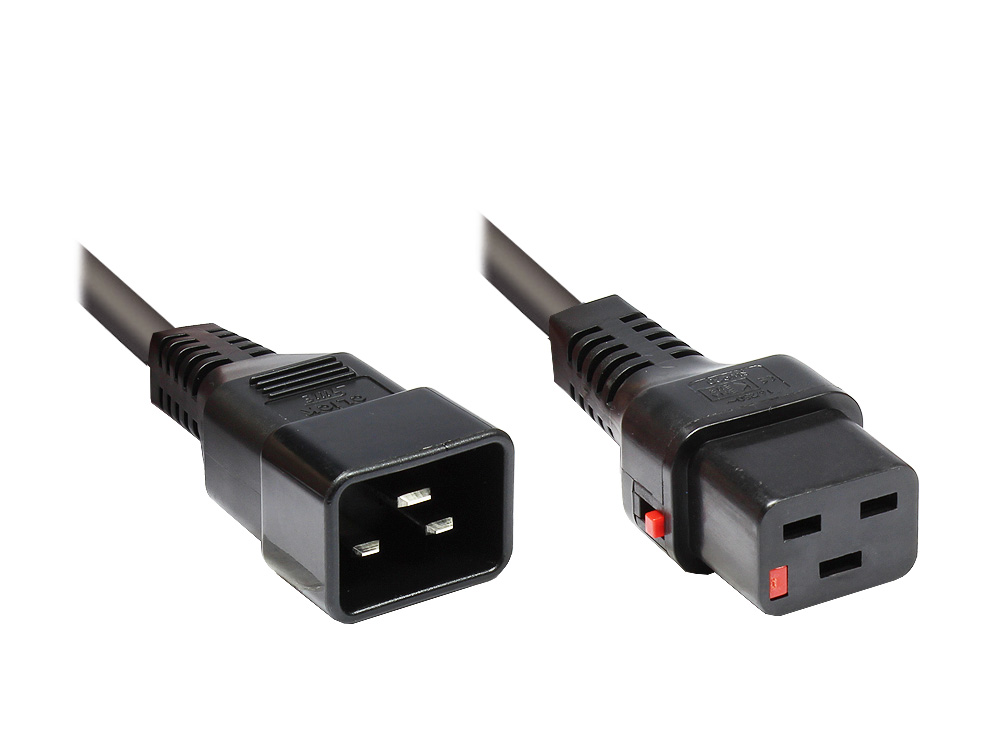 Kaltgeräteverlängerung C20 an C19 mit IEC Lock, schwarz, 3m, Good Connections®