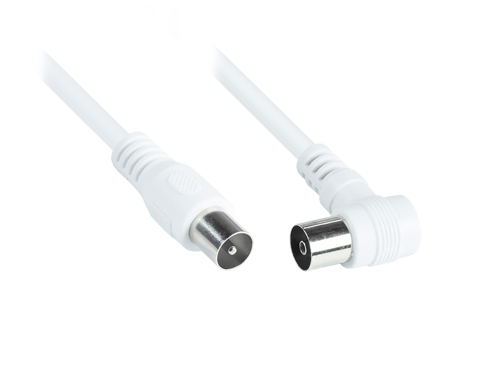 Antennenkabel, Koax/IEC Stecker gerade an Koax/IEC Buchse gewinkelt (vernickelt), 2x geschirmt ( >70dB / 75 Ohm), CCS, weiß, 3m, Good Connections®