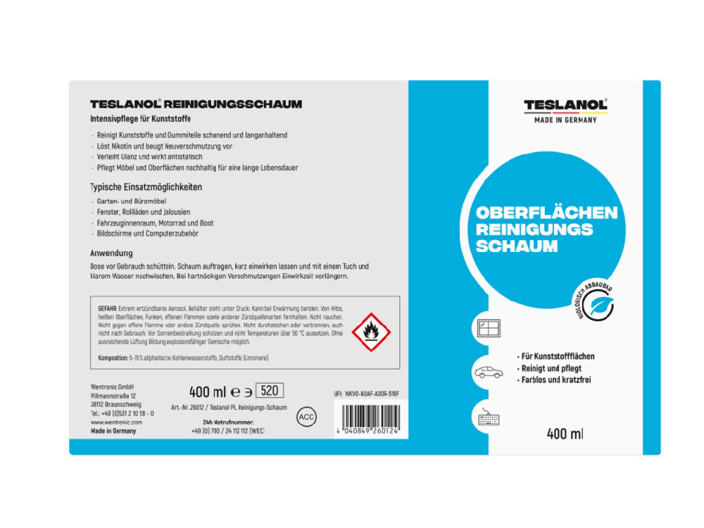 Teslanol® Oberflächen Reinigungsschaum, 400 ml