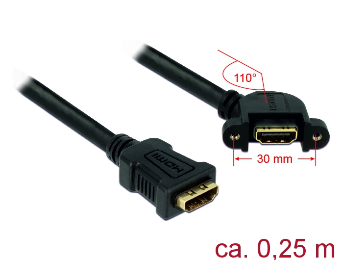 Kabel HDMI A Buchse an HDMI A Buchse anm Einbau 110° gewinkelt, schwarz, 0,25m, Delock® [85101]