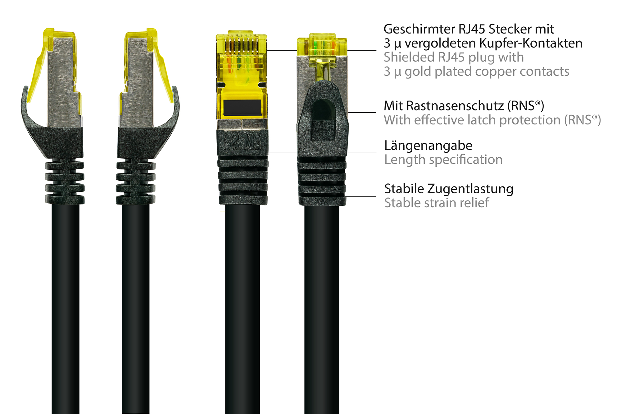 RJ45 Patchkabel mit Cat. 7 Rohkabel und Rastnasenschutz (RNS®), S/FTP, PiMF, halogenfrei, 500MHz, OFC, schwarz, 100m, Good Connections®